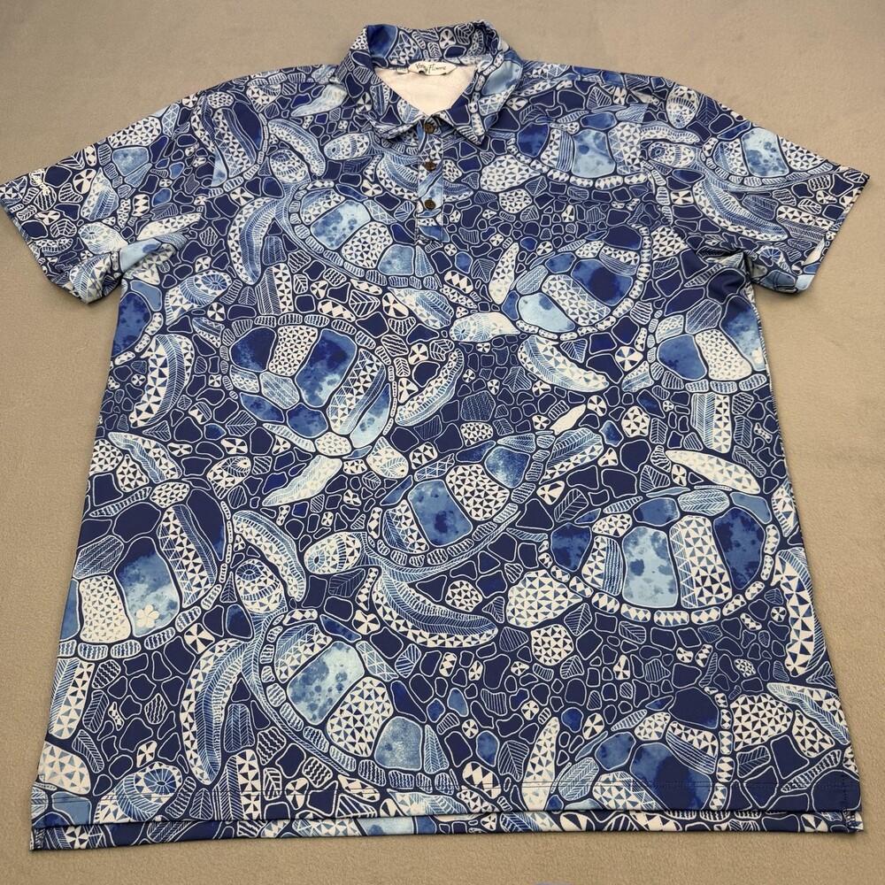Kenny Flowers Polo Shirt Mens XL Blue Turtle Print Beach Golf Stretch Top